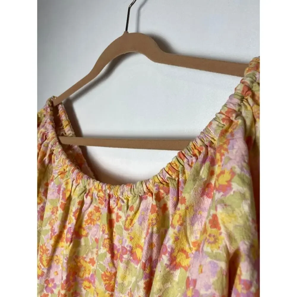 Free People Pastel Floral Off-Shoulder Button Front Top